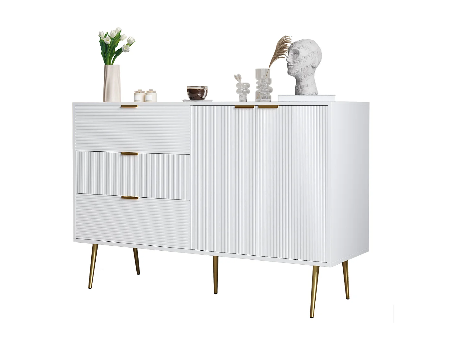 Buffet avec 2 portes et 3 tiroirs - 120 x 38 x 80.5 cm - Poignées et pieds dorés - MDF - Blanc et or