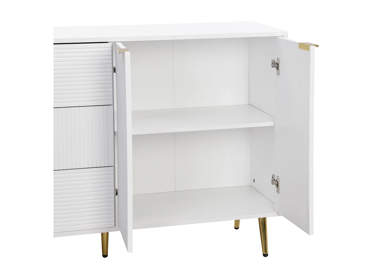 Buffet avec 2 portes et 3 tiroirs - 120 x 38 x 80.5 cm - Poignées et pieds dorés - MDF - Blanc et or