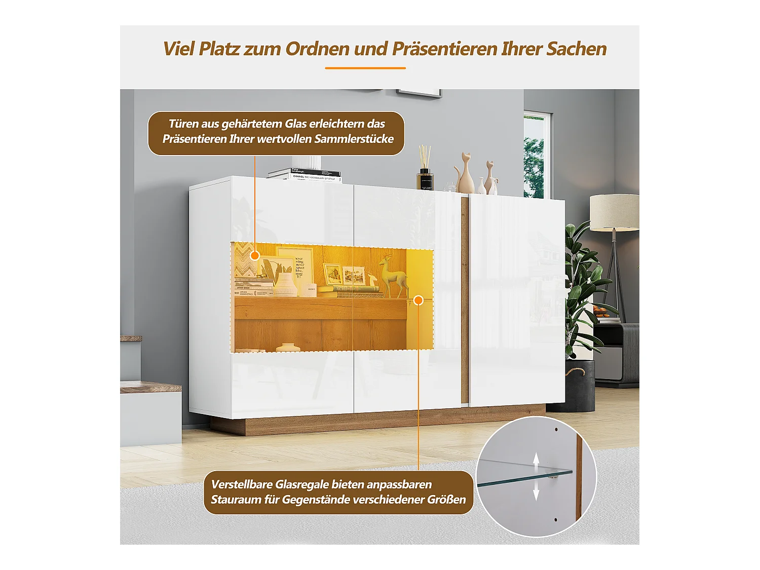 Buffet moderne avec 3 portes - 138 x 38 x 90.5 cm - Panneaux de particules - pour salon, salle à manger - Blanc