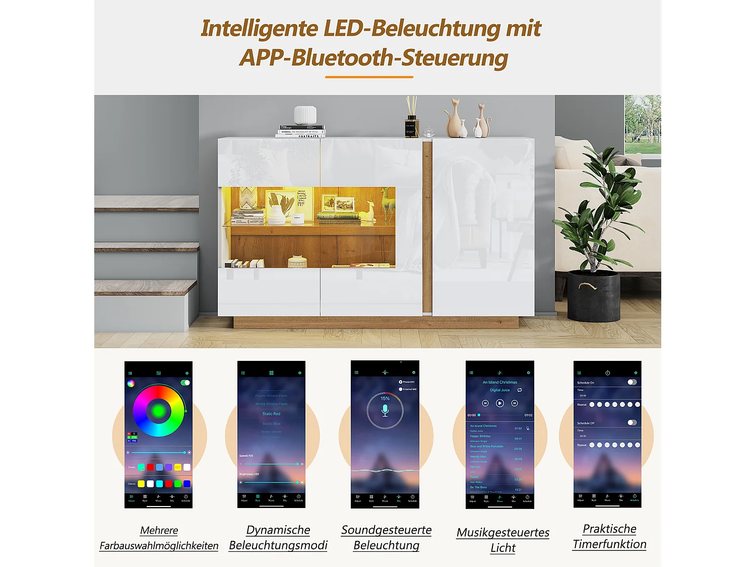 Buffet moderne avec 3 portes - 138 x 38 x 90.5 cm - Panneaux de particules - pour salon, salle à manger - Blanc