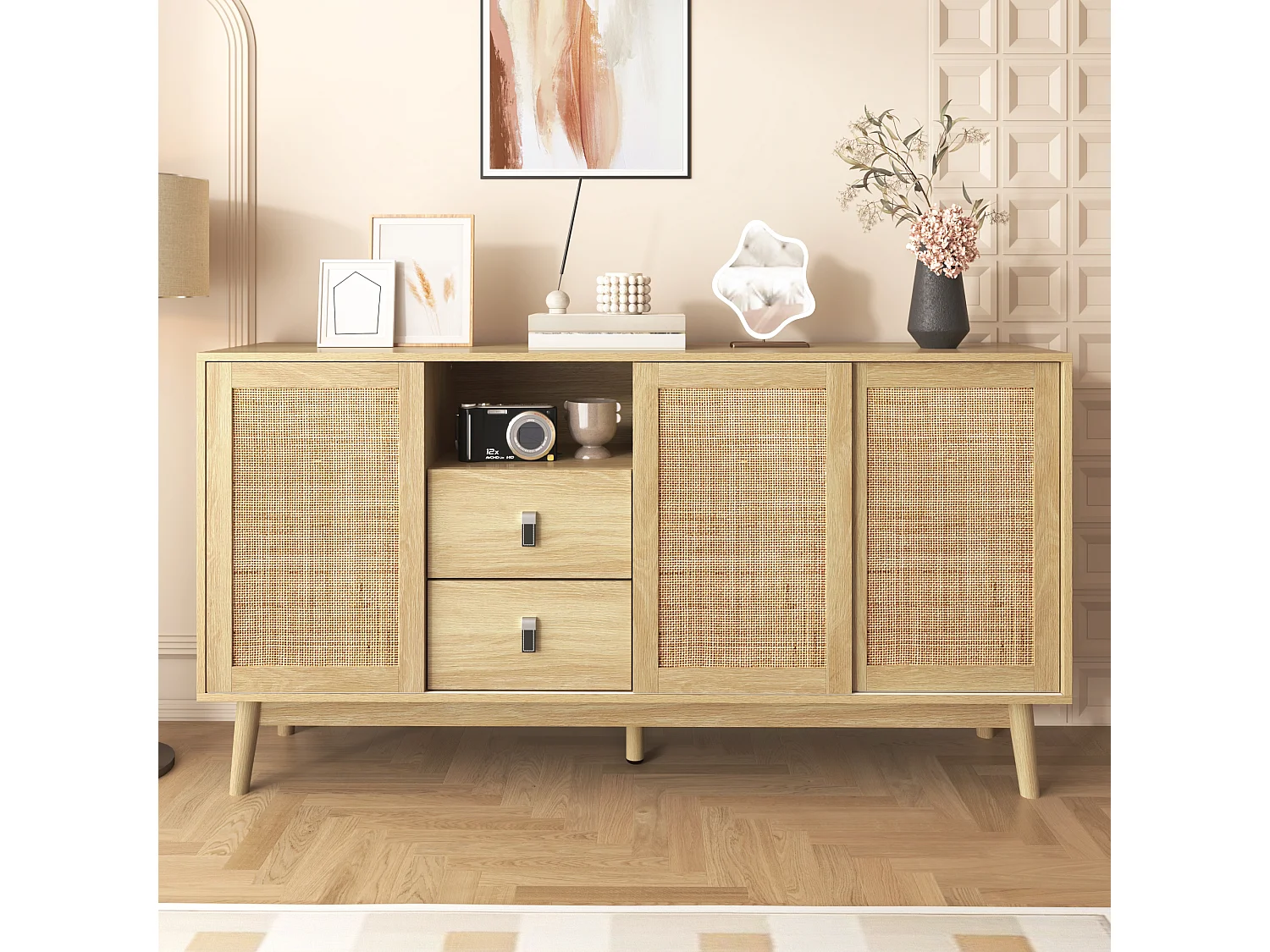 Buffet avec 3 portes coulissantes en rotin - 155 x 38 x 80 cm - MDF, Panneau de particules - Coloris naturel