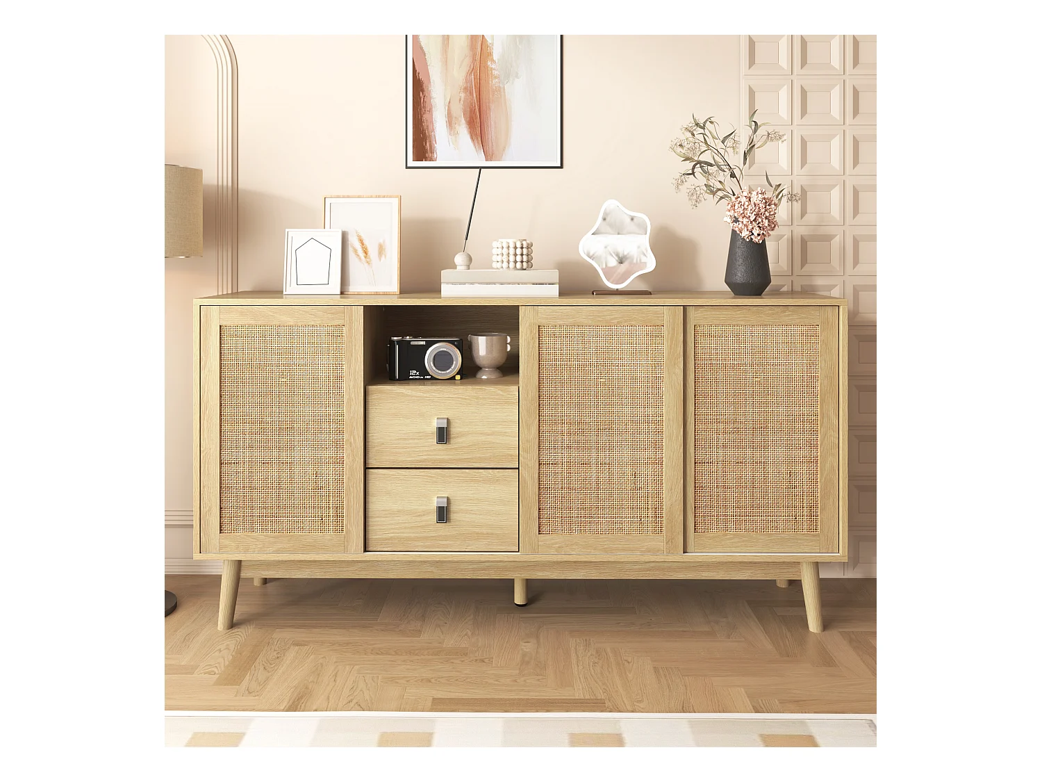 Buffet avec 3 portes coulissantes en rotin - 155 x 38 x 80 cm - MDF, Panneau de particules - Coloris naturel