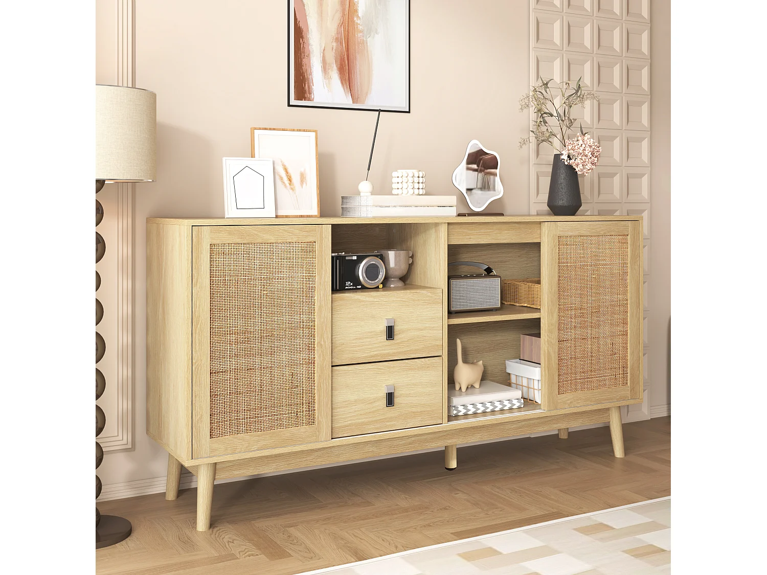 Dressoir met 3 schuifdeuren van rotan - 155 x 38 x 80 cm - MDF, Spaanplaat - Natuurlijke kleur