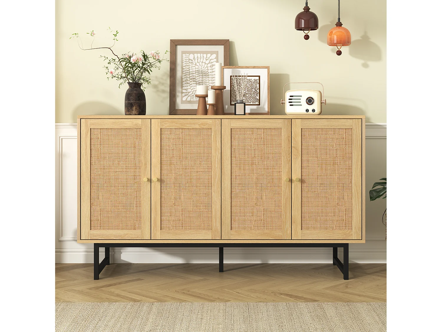 Buffet avec 4 portes en rotin - 140 x 39,5 x 80 cm - Panneau de particules - Coloris bois