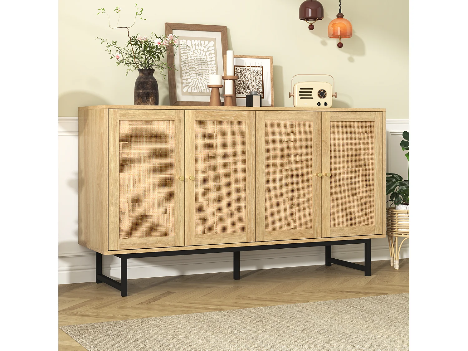 Buffet avec 4 portes en rotin - 140 x 39,5 x 80 cm - Panneau de particules - Coloris bois