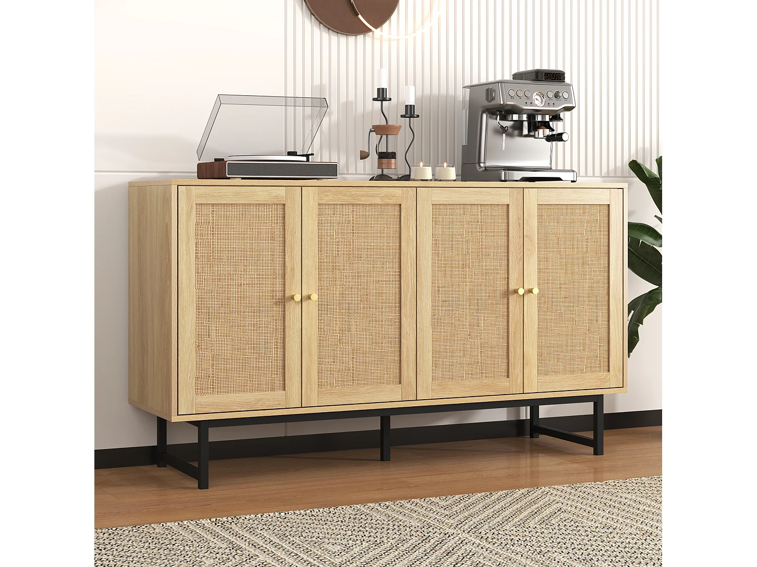 Credenza con 4 ante in rattan - 140 x 39,5 x 80 cm - Pannello truciolare - Colore legno