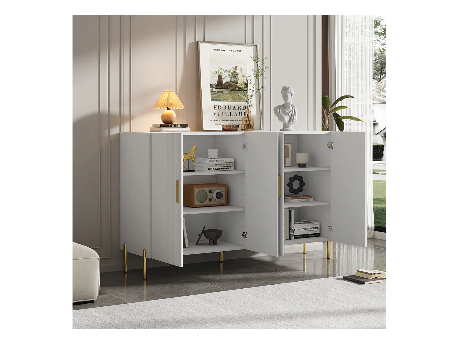 Buffet moderne avec 4 portes - 160 x 36.5 x 100 cm - Panneaux de particules - pour salle à manger - Blanc