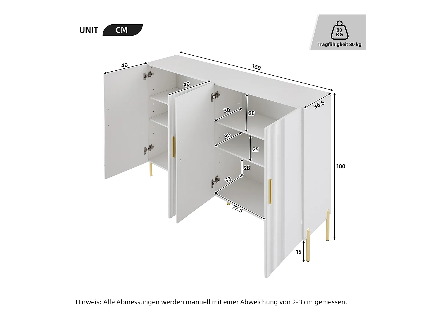 Buffet moderne avec 4 portes - 160 x 36.5 x 100 cm - Panneaux de particules - pour salle à manger - Blanc