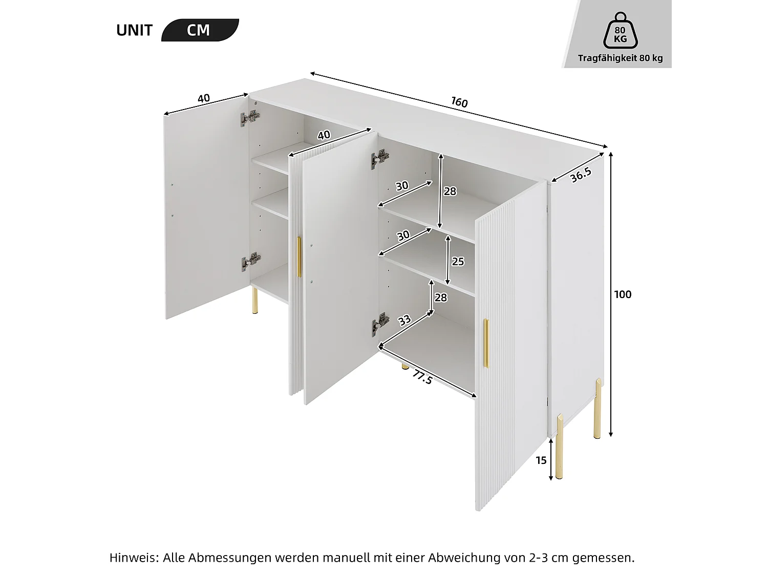 Buffet moderne avec 4 portes - 160 x 36.5 x 100 cm - Panneaux de particules - pour salle à manger - Blanc
