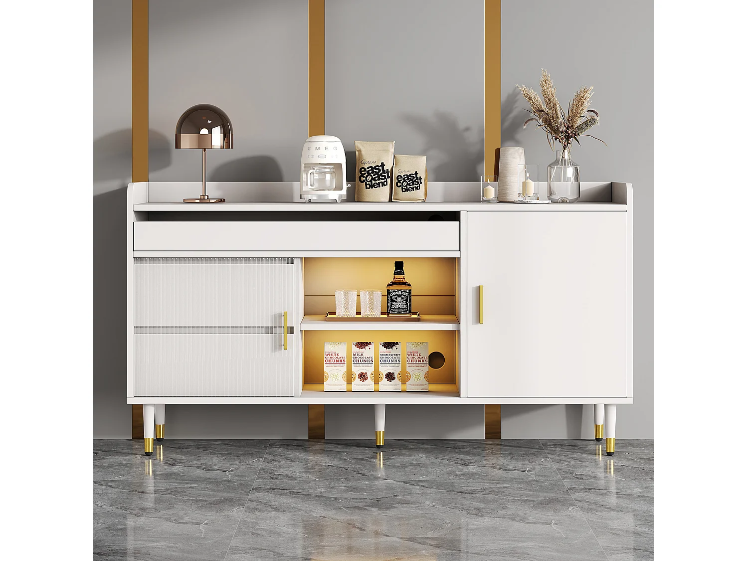 Buffet avec 2 portes et 3 tiroirs - 140 x 38 x 76 cm - LEDs - Panneau de particules - Coloris blanc