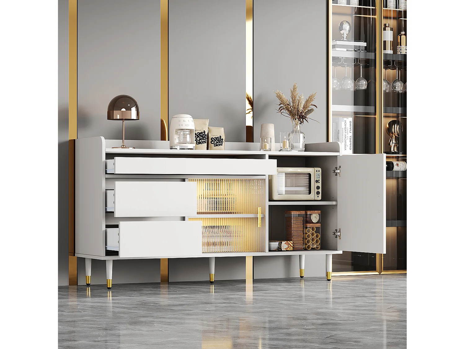 Buffet avec 2 portes et 3 tiroirs - 140 x 38 x 76 cm - LEDs - Panneau de particules - Coloris blanc