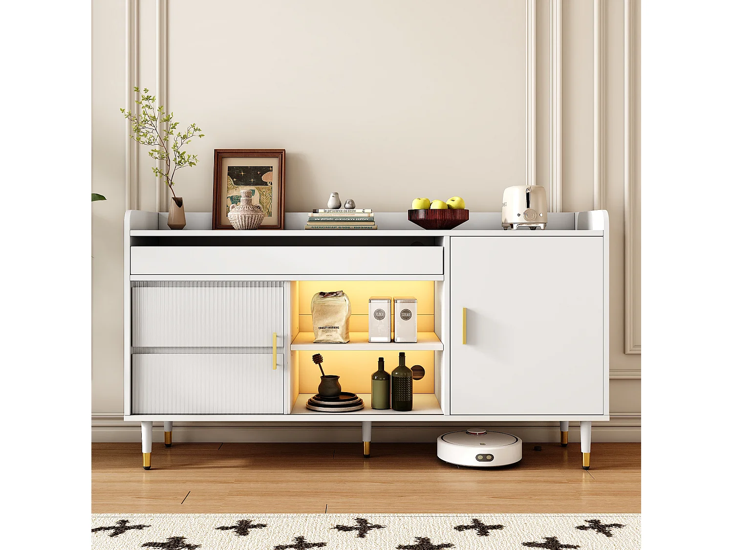 Buffet avec 2 portes et 3 tiroirs - 140 x 38 x 76 cm - LEDs - Panneau de particules - Coloris blanc