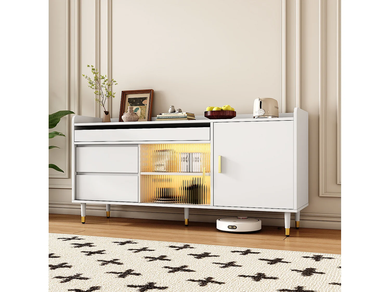 Buffet avec 2 portes et 3 tiroirs - 140 x 38 x 76 cm - LEDs - Panneau de particules - Coloris blanc