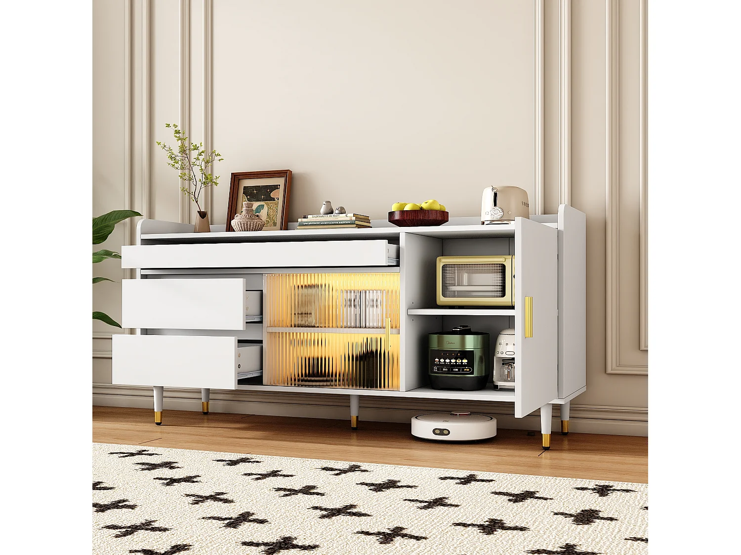 Buffet avec 2 portes et 3 tiroirs - 140 x 38 x 76 cm - LEDs - Panneau de particules - Coloris blanc