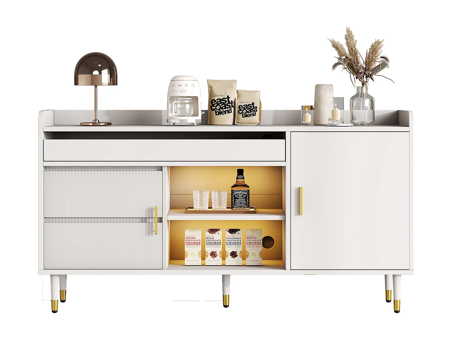 Buffet avec 2 portes et 3 tiroirs - 140 x 38 x 76 cm - LEDs - Panneau de particules - Coloris blanc