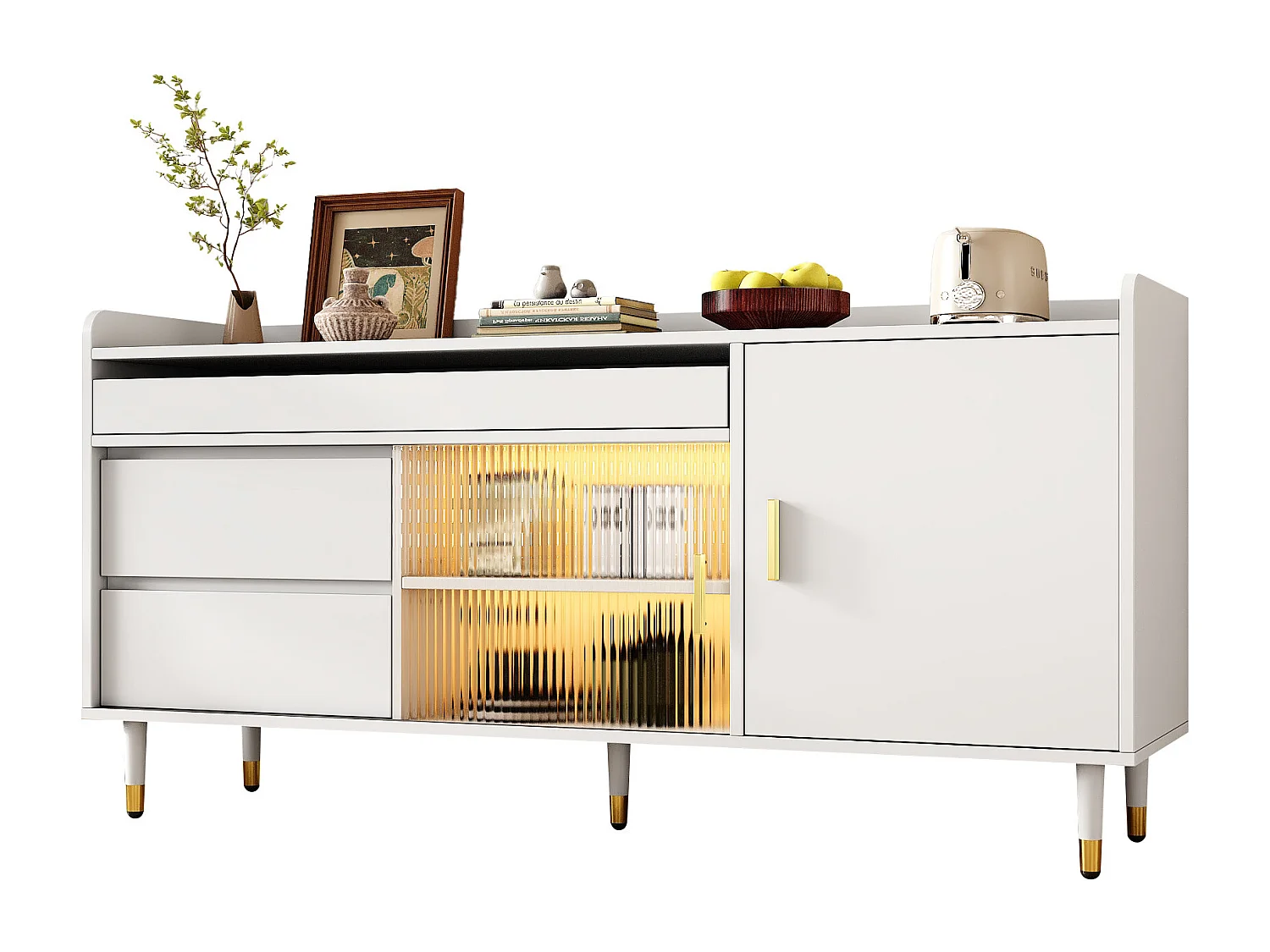 Buffet avec 2 portes et 3 tiroirs - 140 x 38 x 76 cm - LEDs - Panneau de particules - Coloris blanc