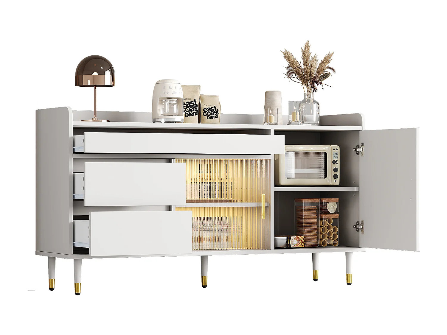 Buffet avec 2 portes et 3 tiroirs - 140 x 38 x 76 cm - LEDs - Panneau de particules - Coloris blanc