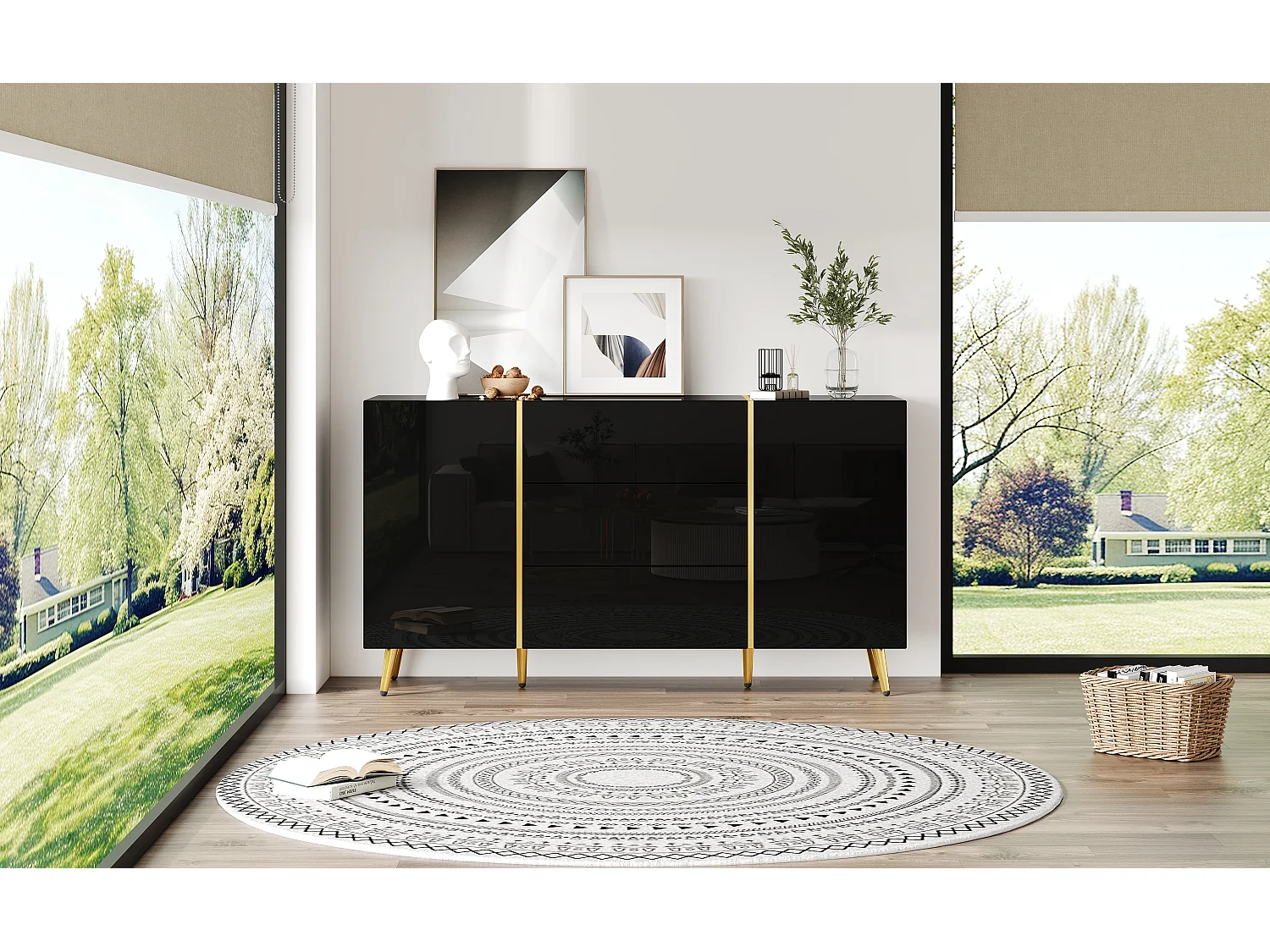 Buffet avec 2 portes et 3 tiroirs - 140 x 40 x 76 cm - Panneaux de particules et pieds dorés - Blanc brillant