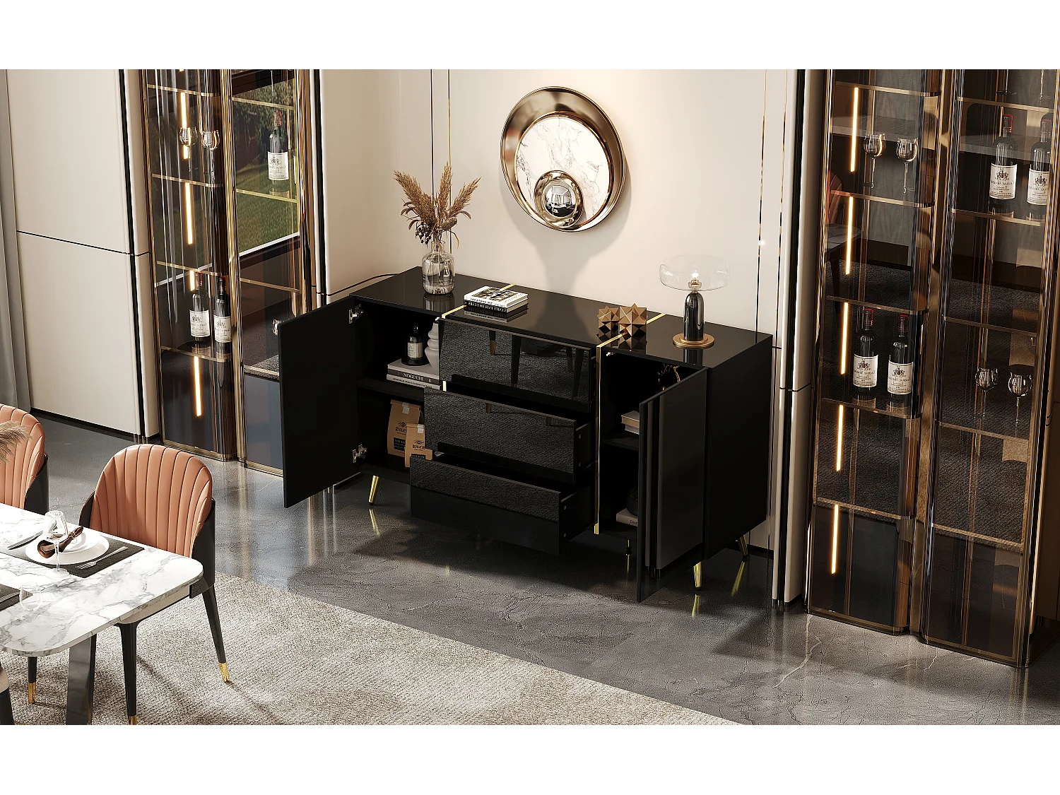 Buffet avec 2 portes et 3 tiroirs - 140 x 40 x 76 cm - Panneaux de particules et pieds dorés - Blanc brillant