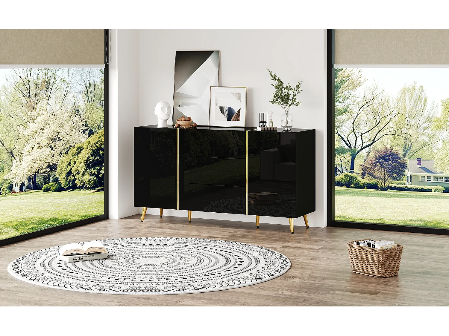 Buffet avec 2 portes et 3 tiroirs - 140 x 40 x 76 cm - Panneaux de particules et pieds dorés - Blanc brillant