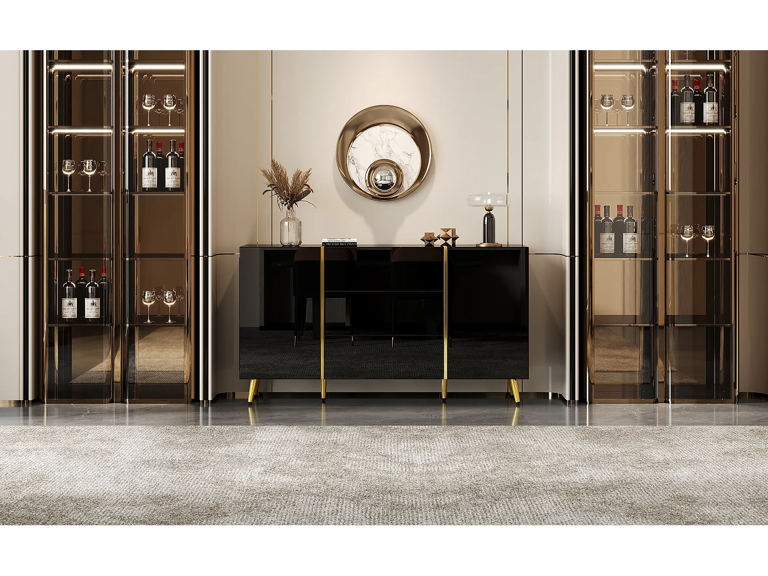 Buffet avec 2 portes et 3 tiroirs - 140 x 40 x 76 cm - Panneaux de particules et pieds dorés - Blanc brillant