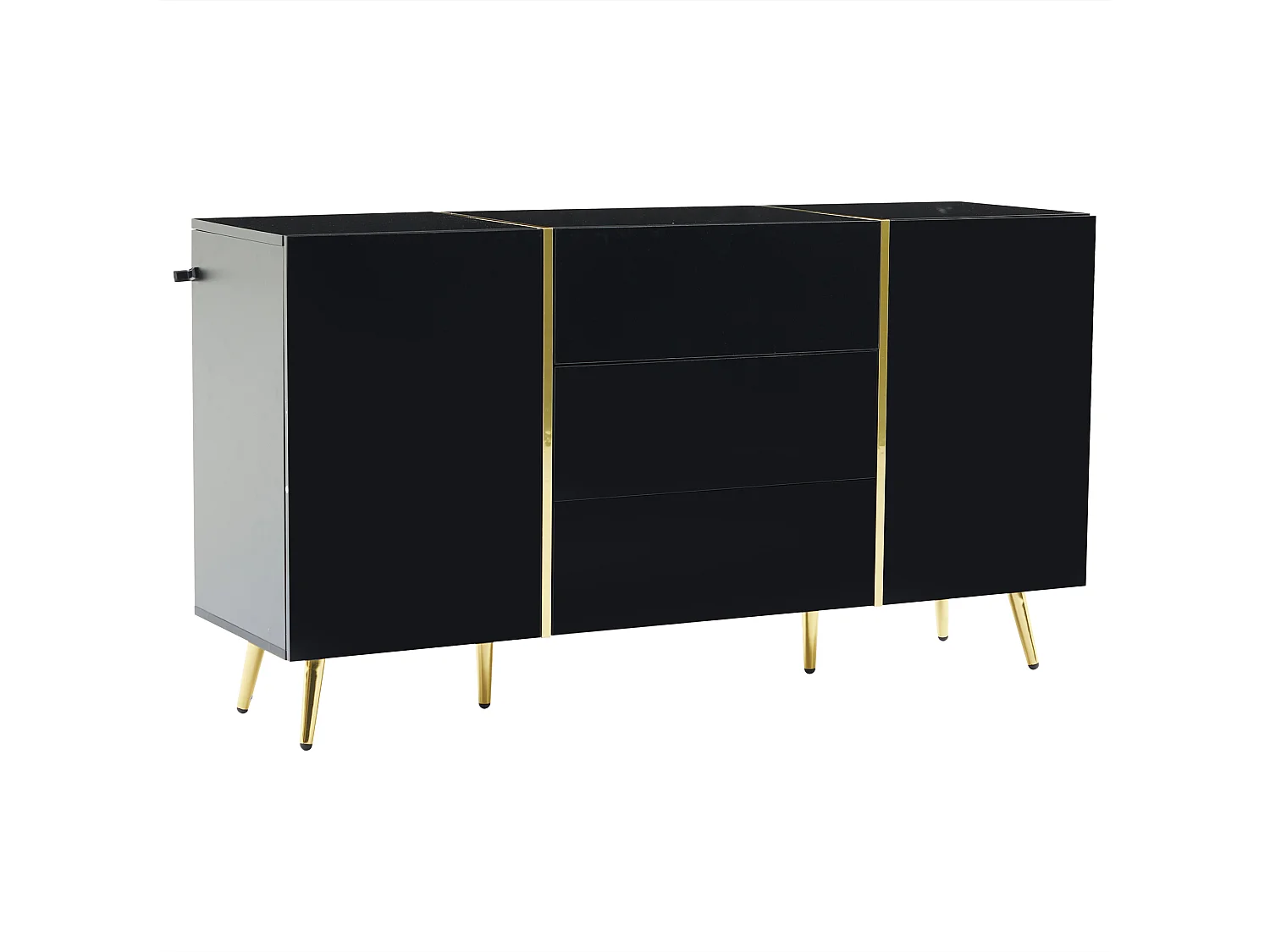 Buffet avec 2 portes et 3 tiroirs - 140 x 40 x 76 cm - Panneaux de particules et pieds dorés - Blanc brillant