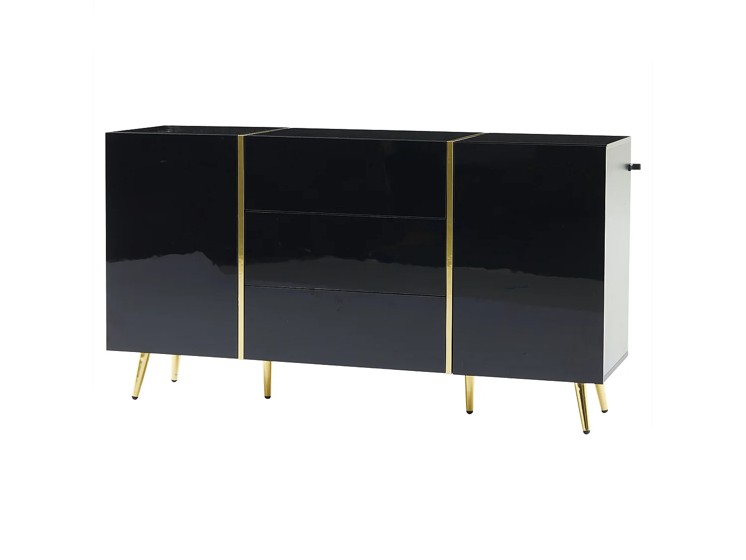 Buffet avec 2 portes et 3 tiroirs - 140 x 40 x 76 cm - Panneaux de particules et pieds dorés - Blanc brillant