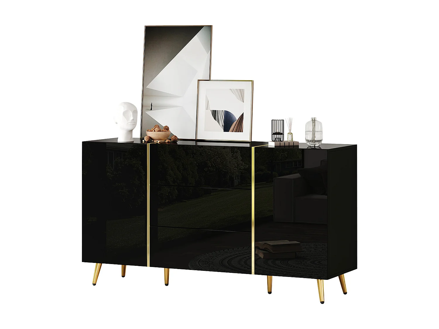 Buffet avec 2 portes et 3 tiroirs - 140 x 40 x 76 cm - Panneaux de particules et pieds dorés - Blanc brillant