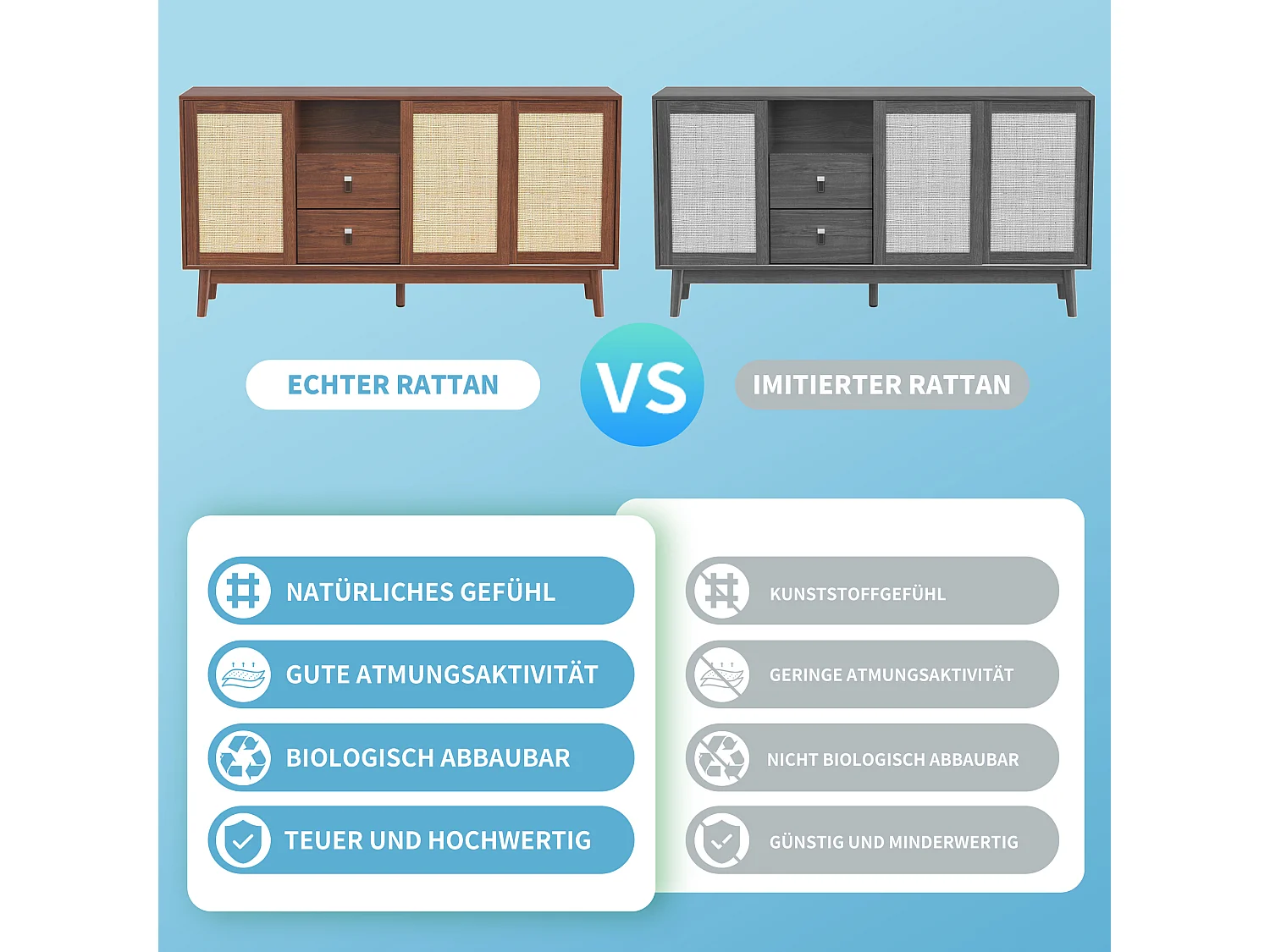 Komoda z 2 szufladami i 3 drzwiami przesuwnymi z rattanu - 155 x 38 x 80 cm - MDF, Płyta wiórowa - Brązowa