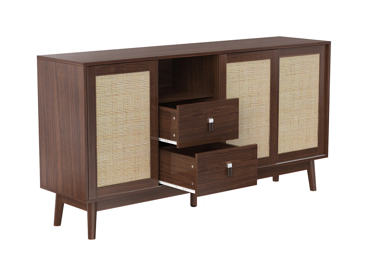 Komoda z 2 szufladami i 3 drzwiami przesuwnymi z rattanu - 155 x 38 x 80 cm - MDF, Płyta wiórowa - Brązowa