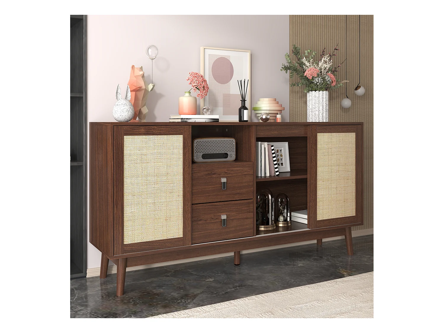 Buffet avec 2 tiroirs et 3 portes coulissantes en rotin - 155 x 38 x 80 cm - MDF, Panneau de particules - Marron