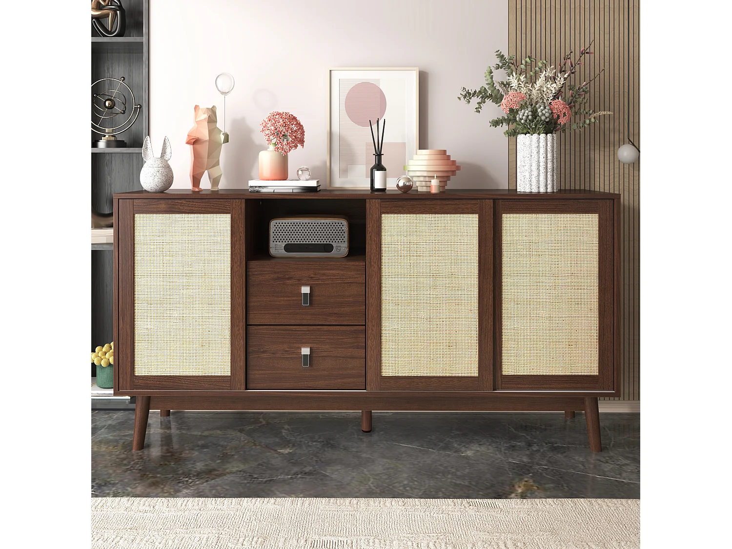 Buffet avec 2 tiroirs et 3 portes coulissantes en rotin - 155 x 38 x 80 cm - MDF, Panneau de particules - Marron