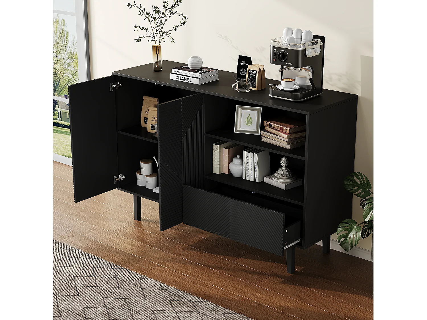 Buffet avec 2 portes et 1 tiroir - 125 x 40 x 86 cm - Panneaux de particules - Noir mat