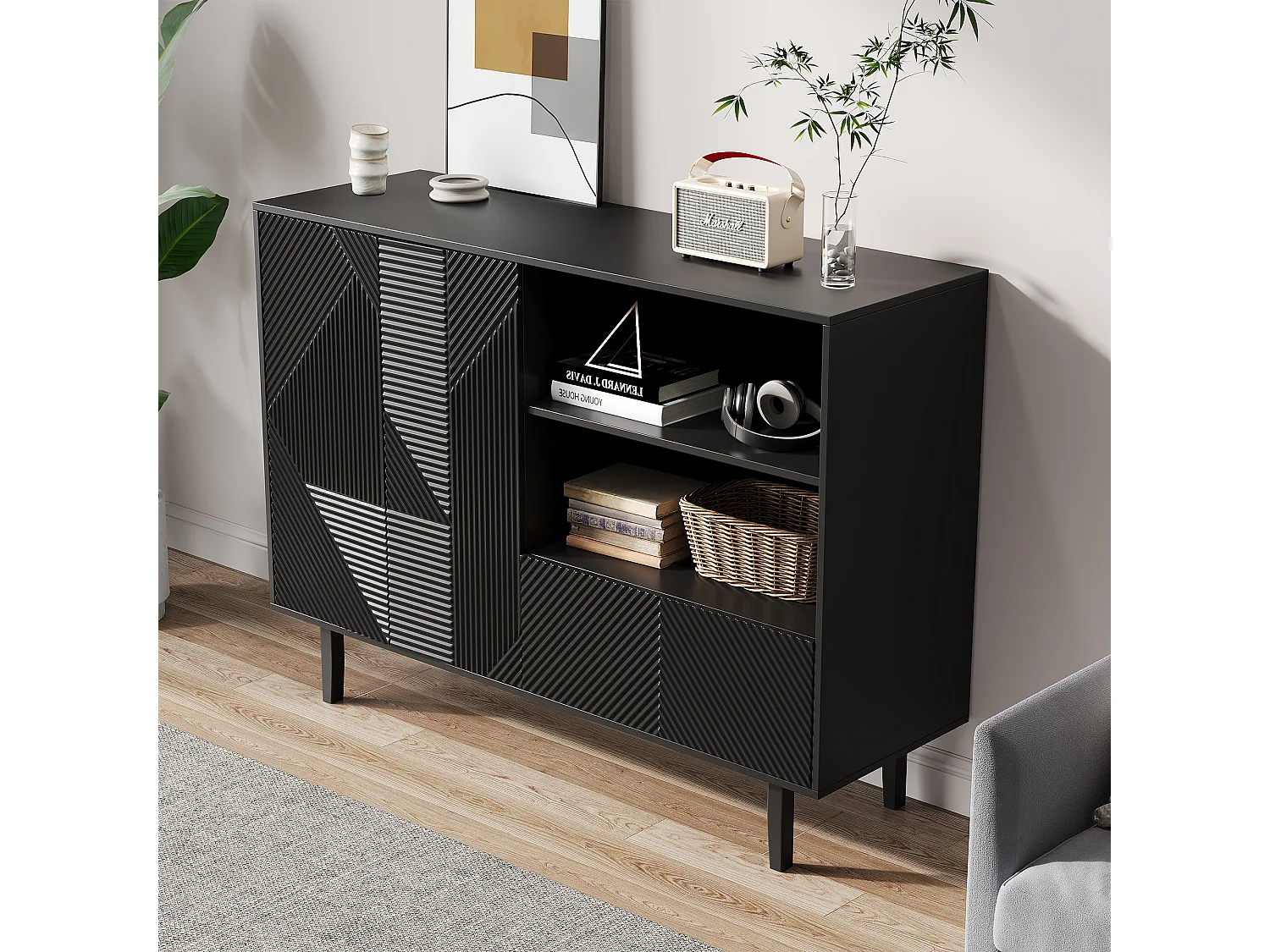 Buffet avec 2 portes et 1 tiroir - 125 x 40 x 86 cm - Panneaux de particules - Noir mat