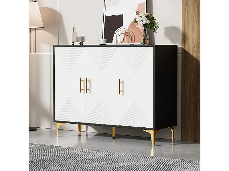 Buffet bohème avec 3 portes - 120 x 40 x 88 cm - Bois MDF - Poignées et pieds dorés - Blanc + noir