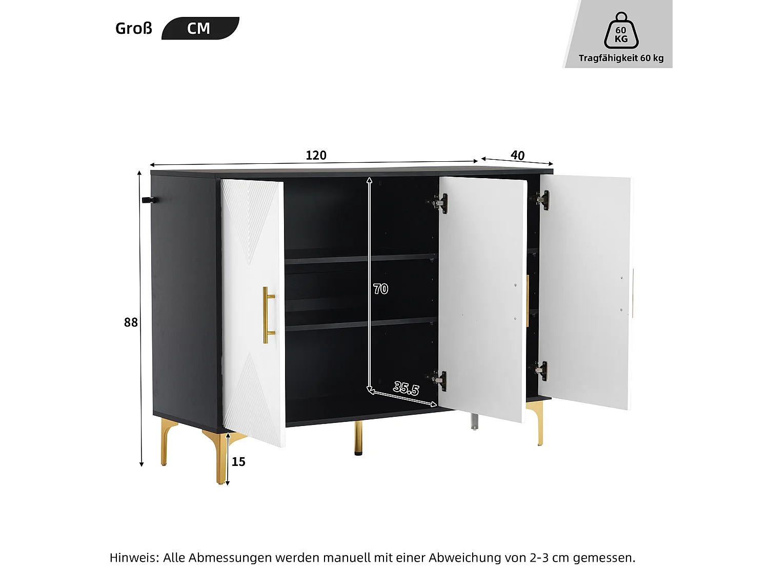 Buffet bohème avec 3 portes - 120 x 40 x 88 cm - Bois MDF - Poignées et pieds dorés - Blanc + noir
