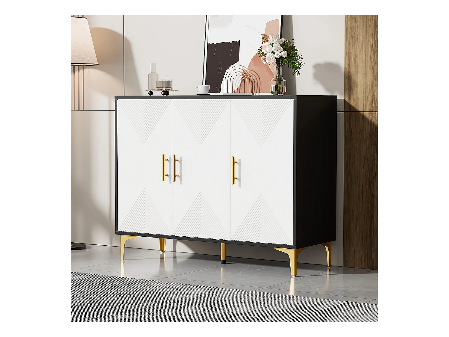 Böhmisches Sideboard mit 3 Türen - 120 x 40 x 88 cm - MDF-Holz - Goldene Griffe und Füße - Weiß + Schwarz