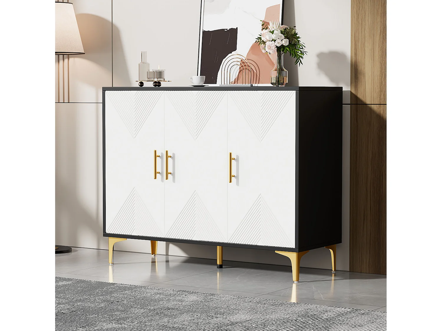 Buffet bohème avec 3 portes - 120 x 40 x 88 cm - Bois MDF - Poignées et pieds dorés - Blanc + noir