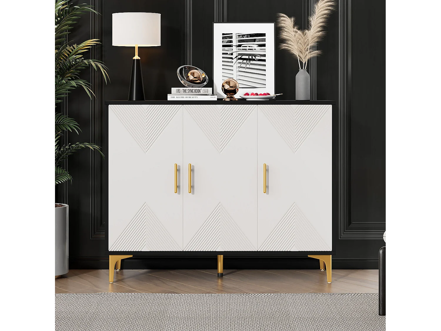 Buffet bohème avec 3 portes - 120 x 40 x 88 cm - Bois MDF - Poignées et pieds dorés - Blanc + noir