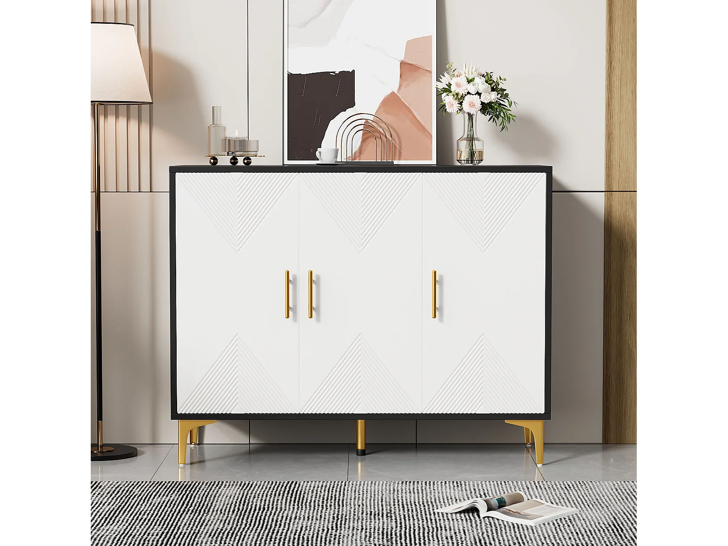 Buffet bohème avec 3 portes - 120 x 40 x 88 cm - Bois MDF - Poignées et pieds dorés - Blanc + noir