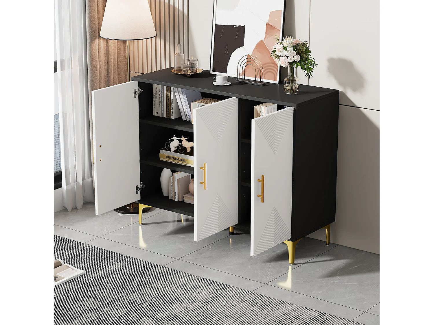 Buffet bohème avec 3 portes - 120 x 40 x 88 cm - Bois MDF - Poignées et pieds dorés - Blanc + noir