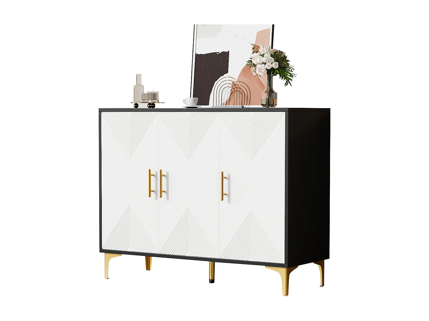 Buffet bohème avec 3 portes - 120 x 40 x 88 cm - Bois MDF - Poignées et pieds dorés - Blanc + noir