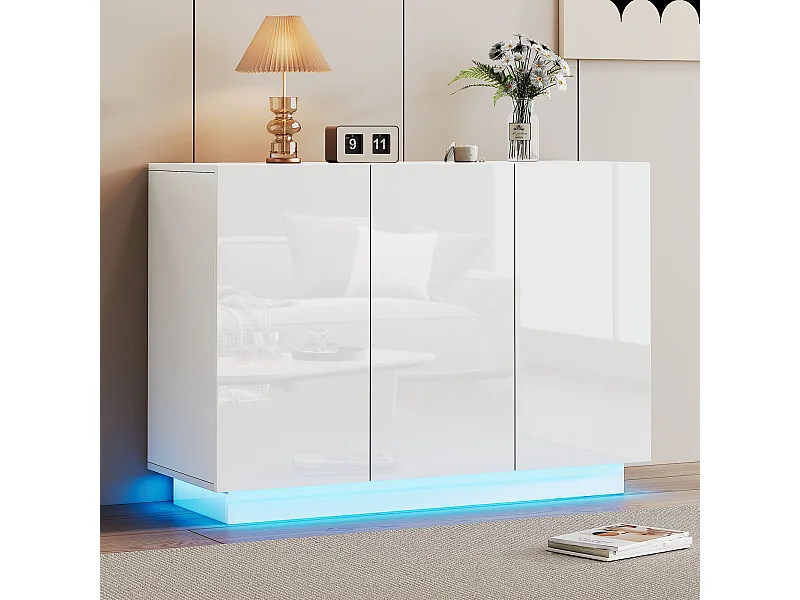 Aparador com 3 portas - 120 x 40 x 75 cm - LEDs - Aglomerado - Branco brilhante