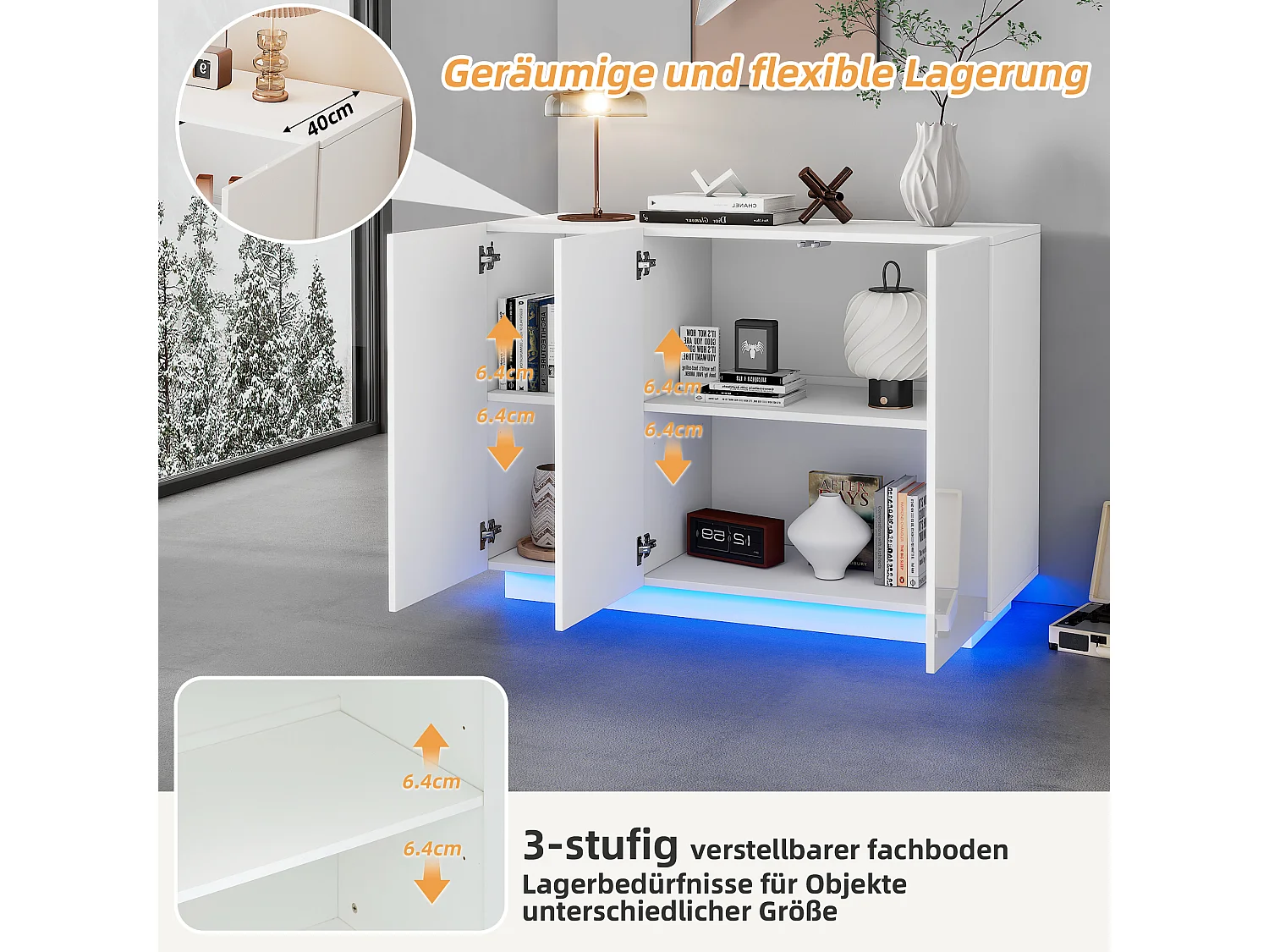 Buffet avec 3 portes - 120 x 40 x 75 cm - LEDs - Panneaux de particules - Blanc brillant