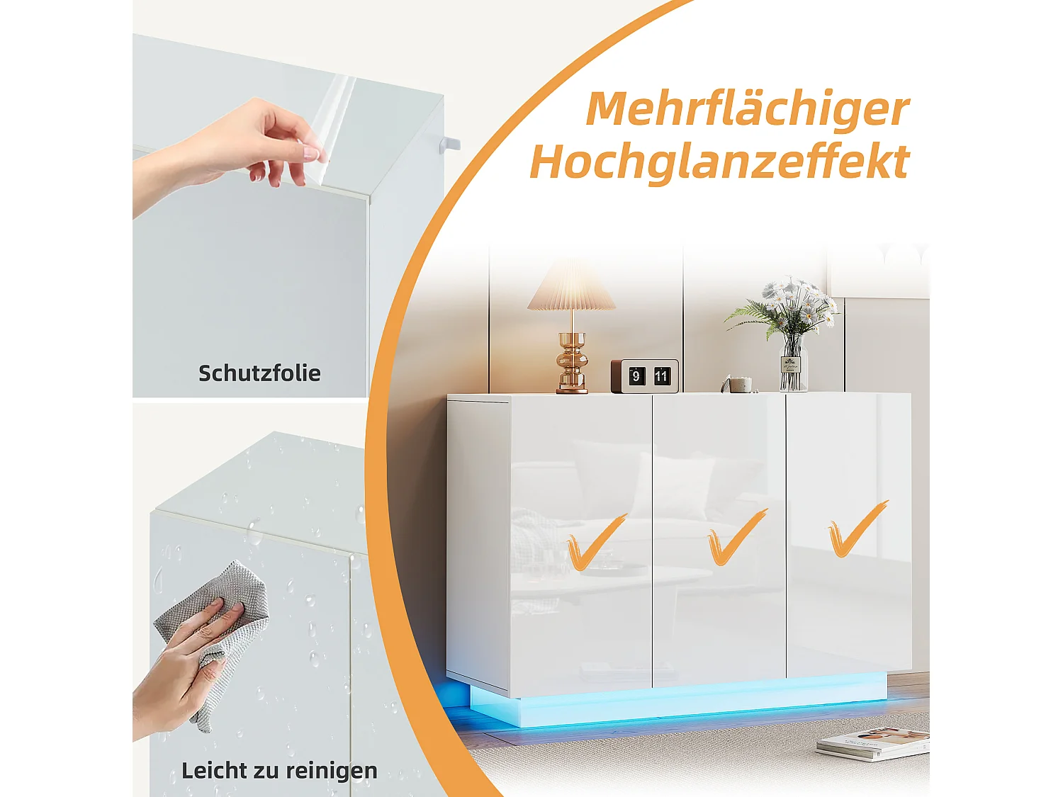 Buffet avec 3 portes - 120 x 40 x 75 cm - LEDs - Panneaux de particules - Blanc brillant