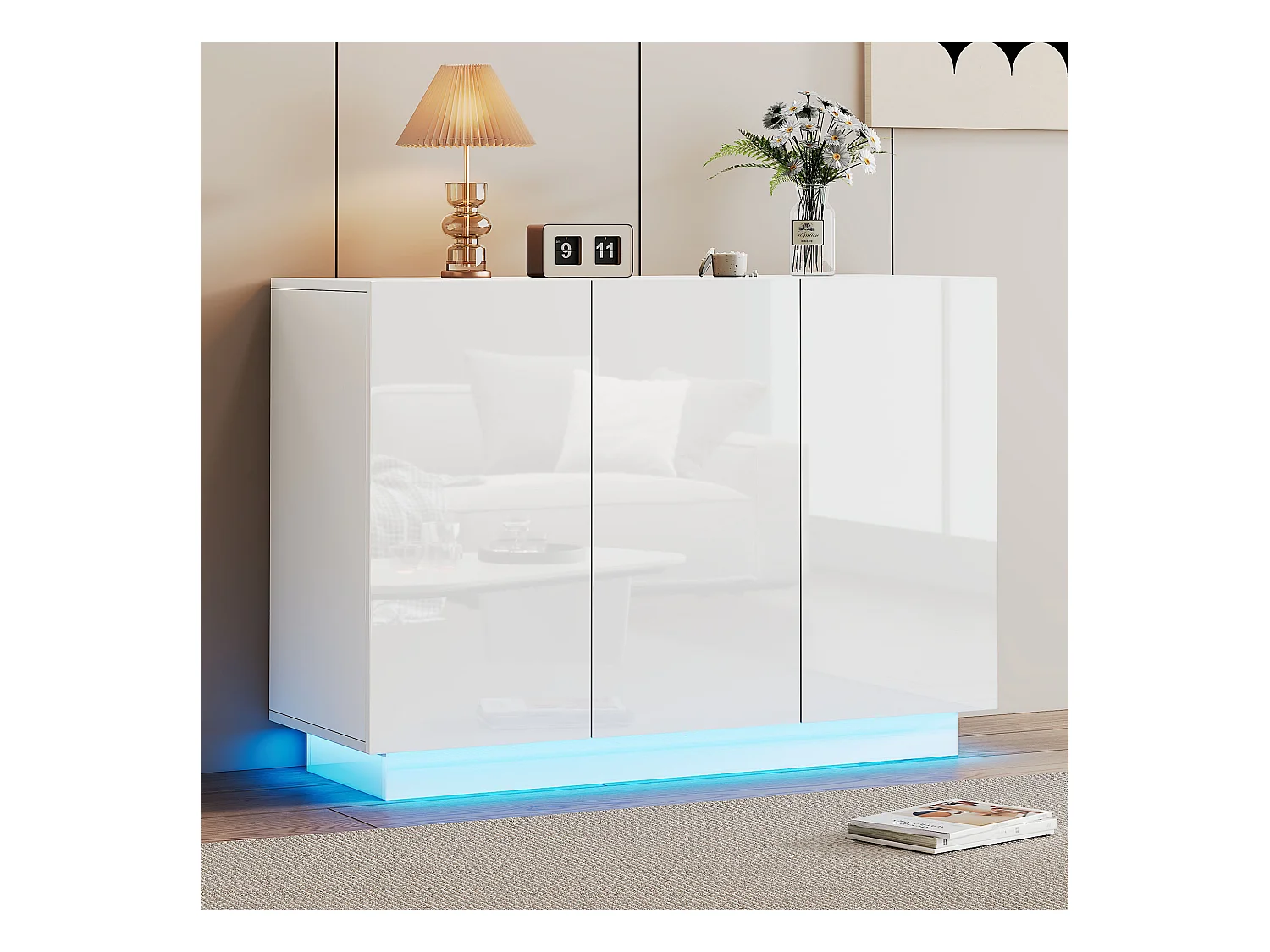 Sideboard mit 3 Türen - 120 x 40 x 75 cm - LEDs - Spanplatte - Weiß glänzend