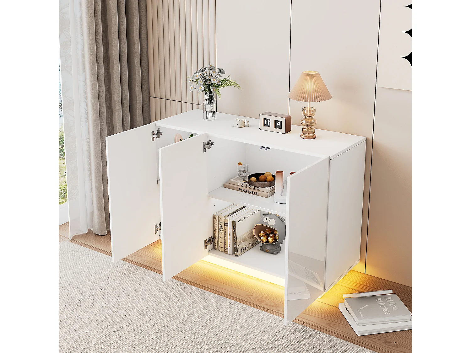 Buffet avec 3 portes - 120 x 40 x 75 cm - LEDs - Panneaux de particules - Blanc brillant