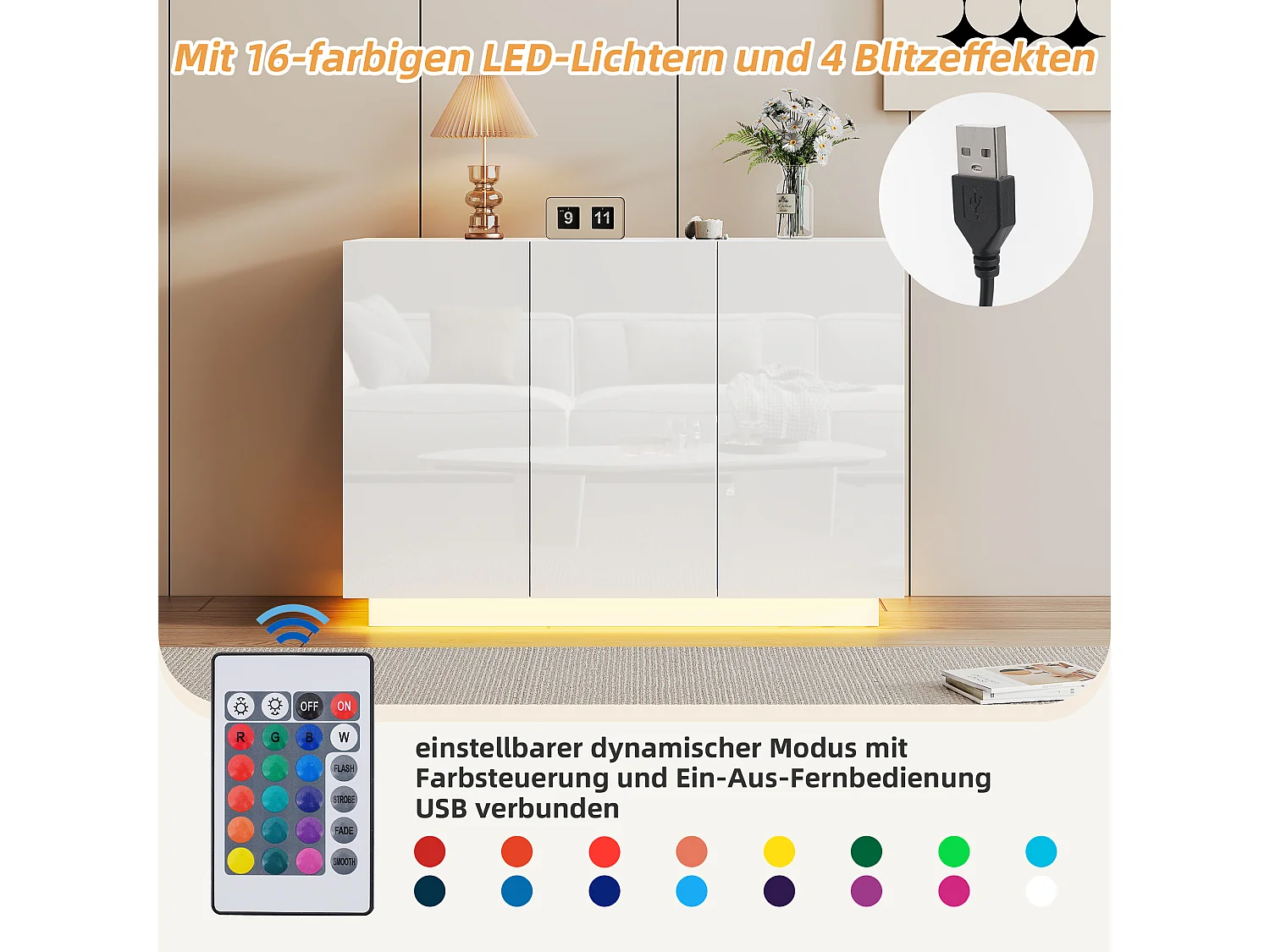 Buffet avec 3 portes - 120 x 40 x 75 cm - LEDs - Panneaux de particules - Blanc brillant