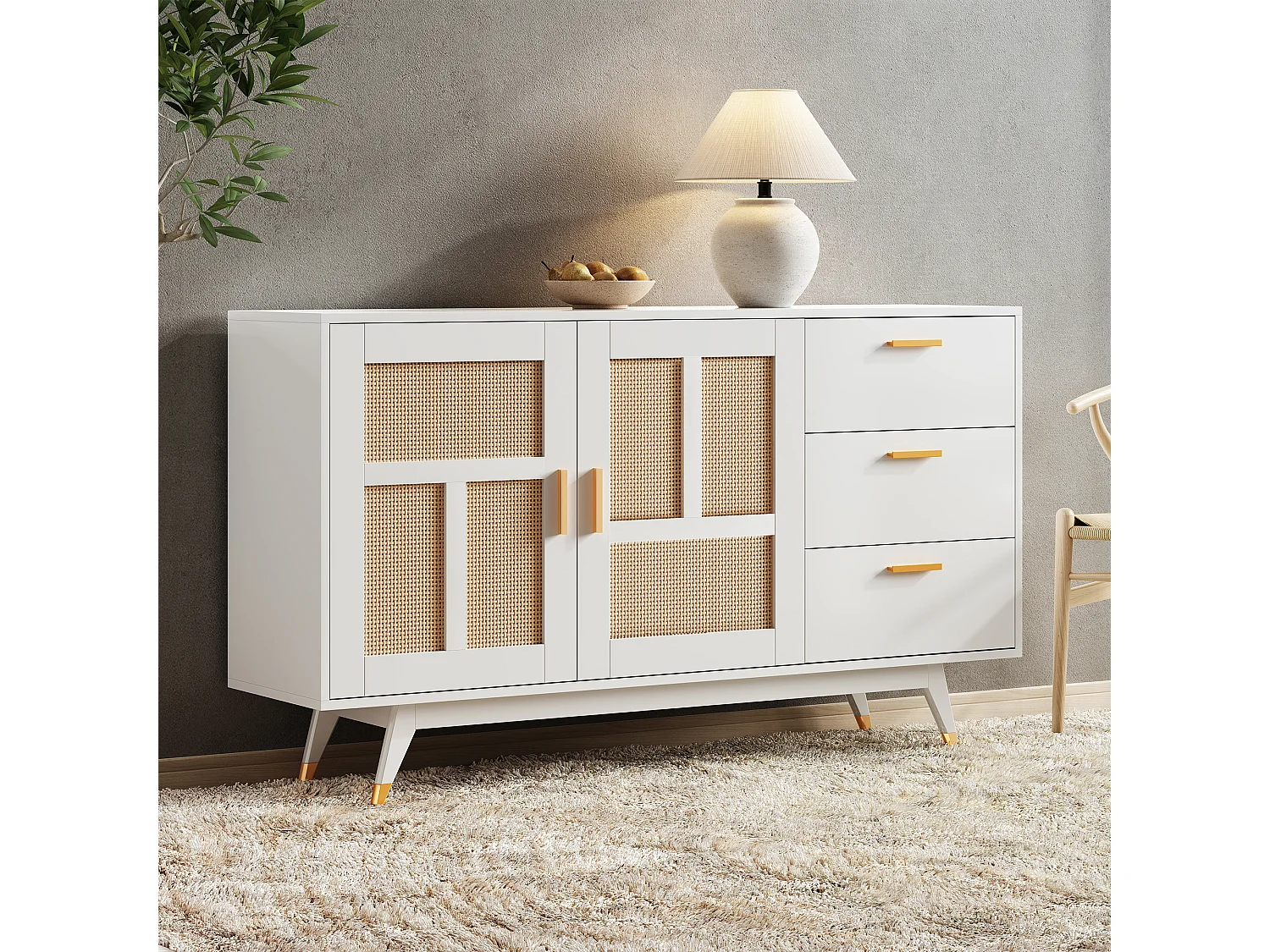 Buffet moderne avec 2 portes et 3 tiroirs - 160 x 40 x 87 cm - Panneaux de particules - pour salle à manger - Blanc