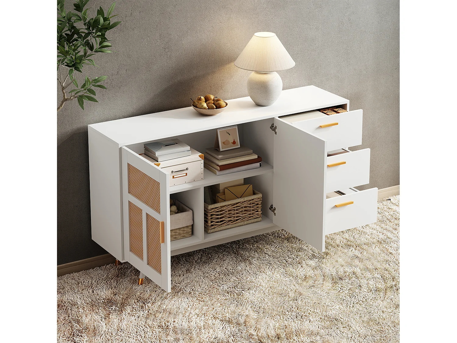 Buffet moderne avec 2 portes et 3 tiroirs - 160 x 40 x 87 cm - Panneaux de particules - pour salle à manger - Blanc